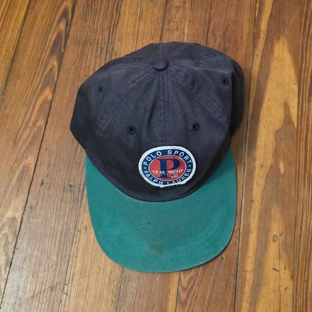 Vintage Polo Sport Ralph Lauren 12 M. Yacht Hat Navy Green Made in USA Strapback